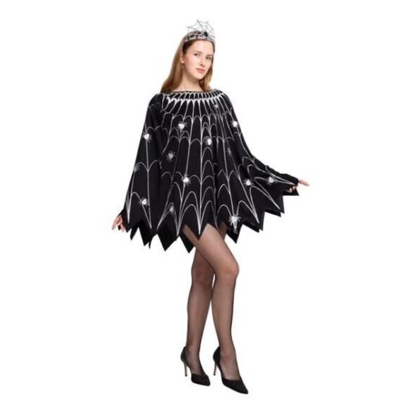 Spooktacular Creations Women Spider Web Dress Poncho Costume & Crown Black NEW - Picture 2 of 7
